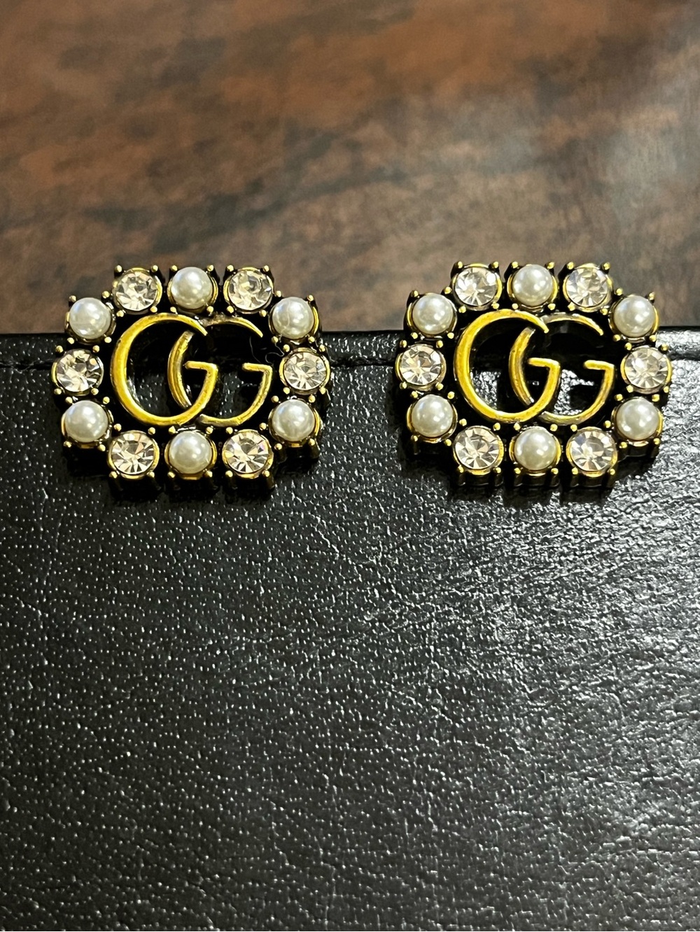 Double G Designer Letter Logo Brushed Gold Pearl Rhinestone Earrings